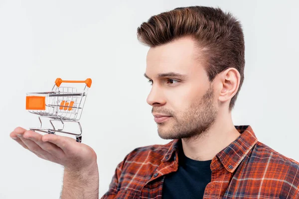 Człowiek gospodarstwa zakupy koszyka modelu — Zdjęcie stockowe