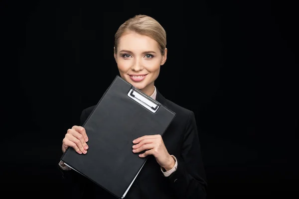 Bizneswoman z notatnika w ręce — Zdjęcie stockowe