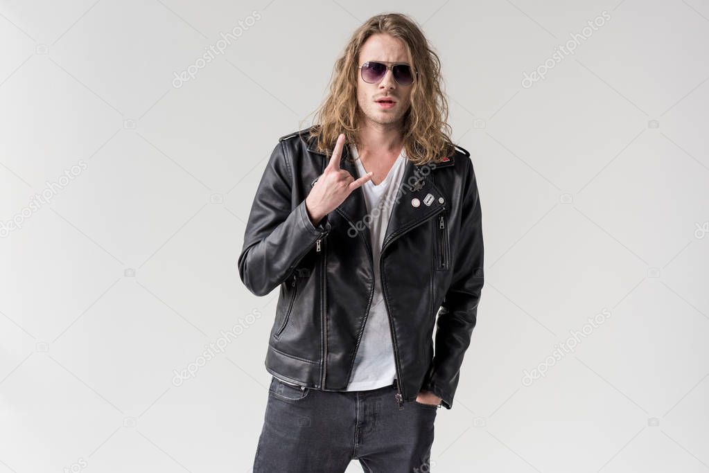 man in black leather jacket