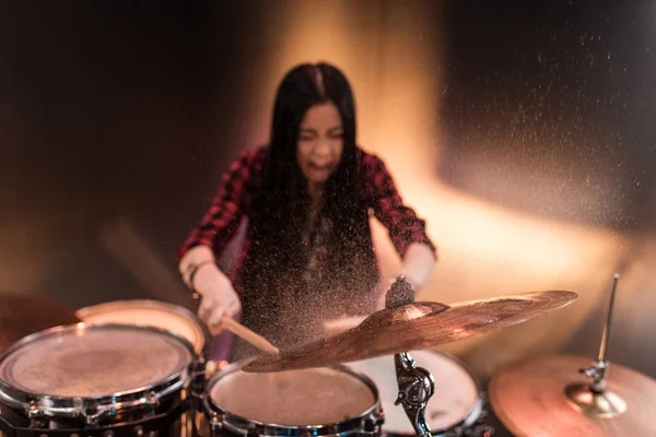 Young musician with drums set — Stock Photo, Image