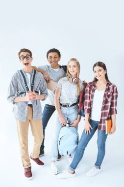 multiethnic students with backpacks clipart