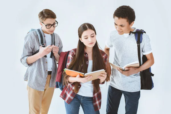 Multiethnic students with backpacks and notebooks — Stock Photo, Image