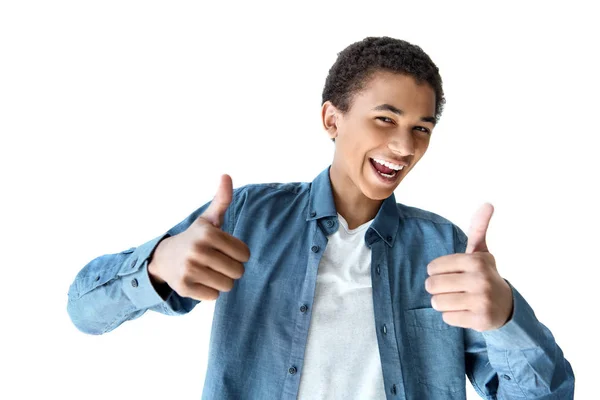 Africano americano adolescente mostrando pulgares arriba —  Fotos de Stock