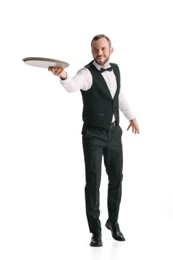 smiling waiter in suit with tray clipart