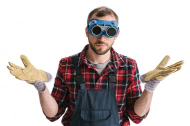 worker in welding glasses and gloves clipart