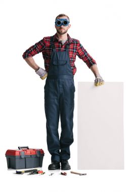 construction worker with blank banner clipart