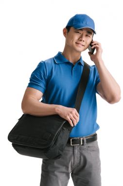 young asian courier talking smartphone clipart