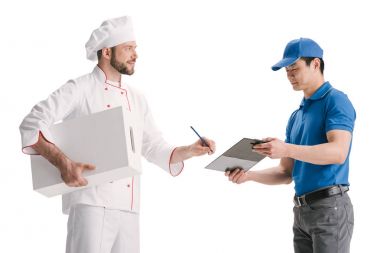 asian courier and making delivery for chef clipart