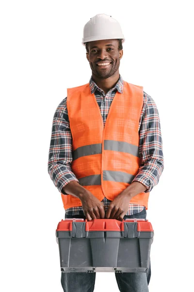 Trabajador de la construcción con caja de herramientas — Foto de Stock