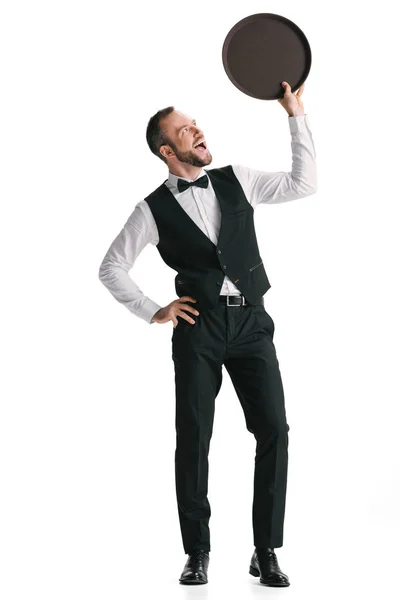 Happy waiter in suit with tray — Stock Photo, Image