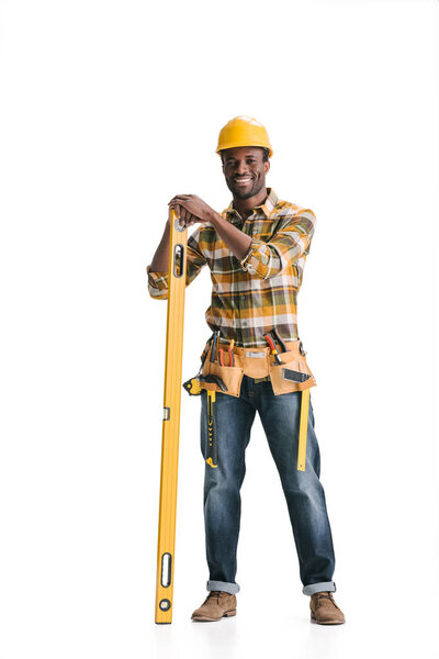 construction worker with leveling tool