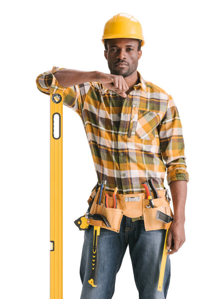 construction worker with leveling tool