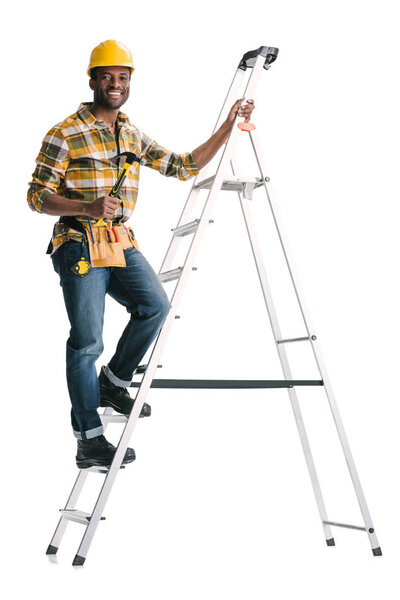 construction worker standing on ladder