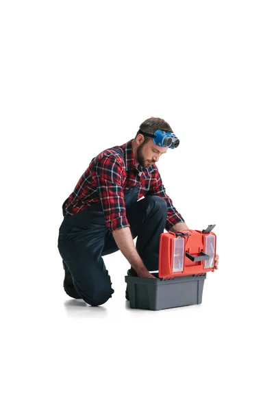 Travailleur de la construction avec boîte à outils — Photo