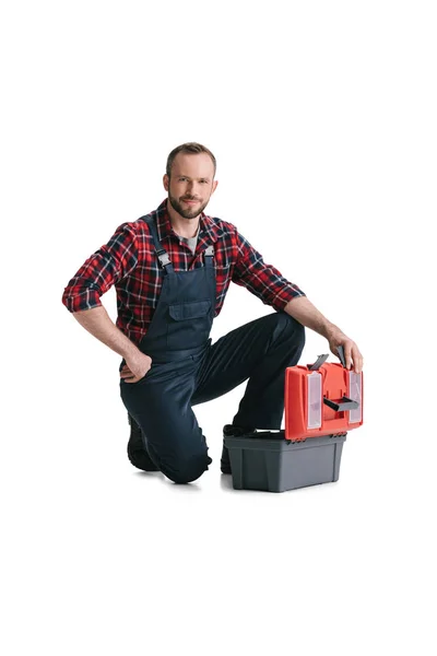 Trabajador de la construcción con caja de herramientas — Foto de Stock