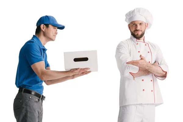 Asian courier and making delivery for chef — Stock Photo, Image