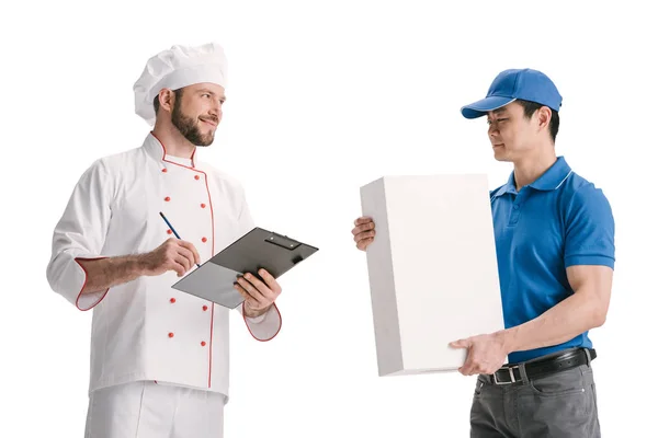 Asian courier and making delivery for chef — Stock Photo, Image