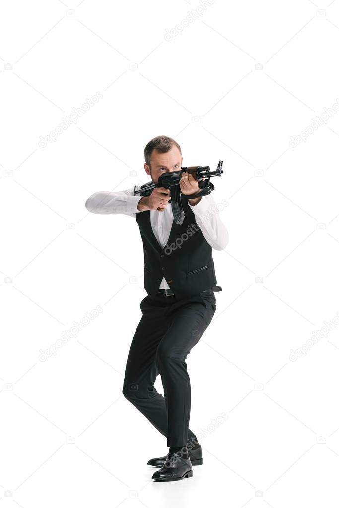 secret agent in suit with rifle