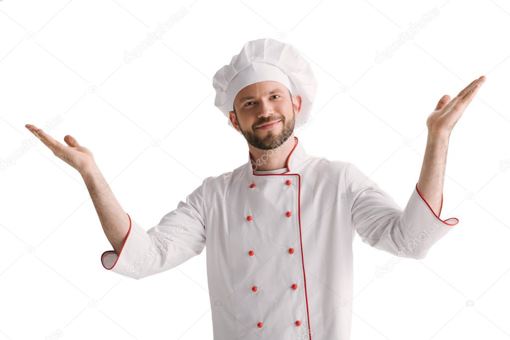 young chef with raised hands
