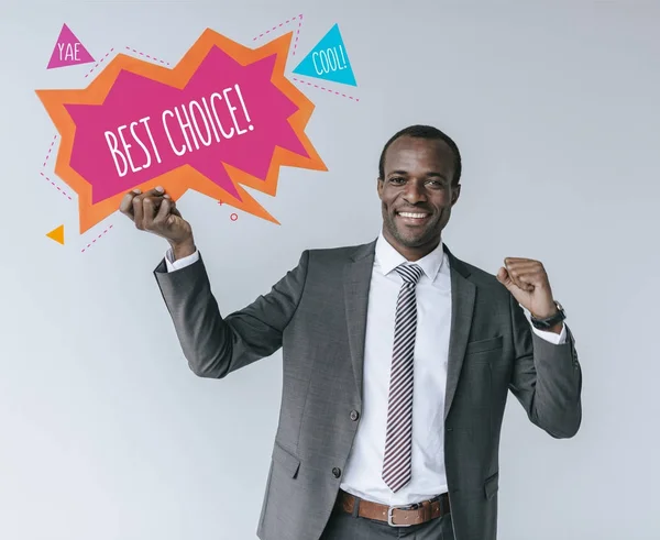 Hombre de negocios afroamericano con tarjeta de la mejor opción —  Fotos de Stock