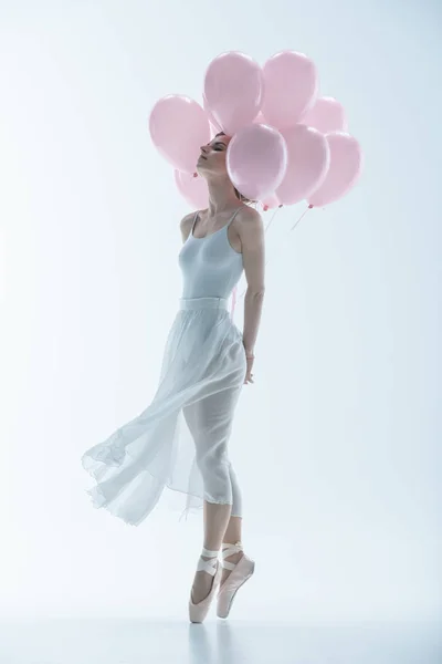 Tender Ballet Dancer White Dress Pink Balloons Isolated White — Stock Photo, Image