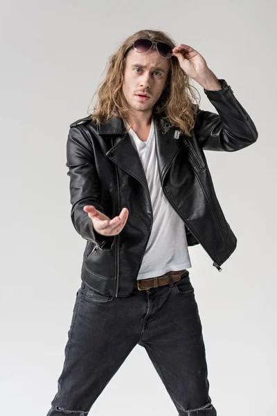 Man in black leather jacket — Stock Photo