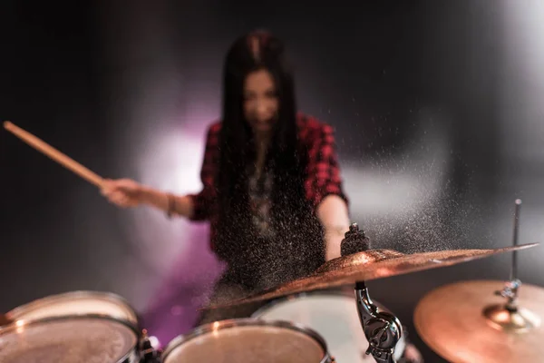 Young musician with drums set — Stock Photo