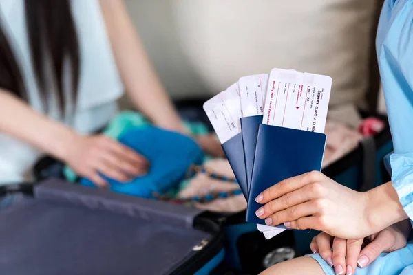 Woman with passports and tickets — Stock Photo