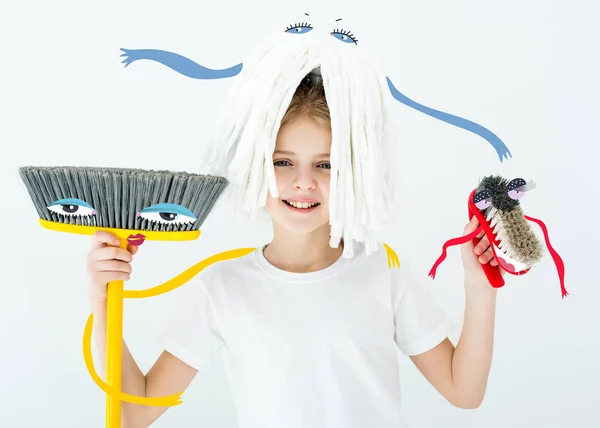 Girl holding cleaning supplies — Stock Photo