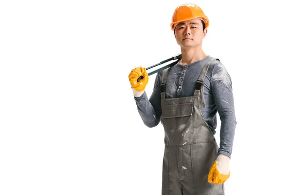 Trabajador de la construcción con llave de tubo — Stock Photo