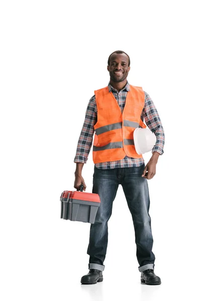 Trabajador de la construcción con caja de herramientas - foto de stock