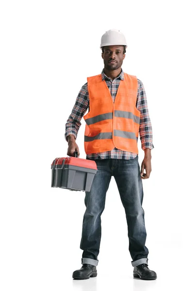 Trabajador de la construcción con caja de herramientas - foto de stock