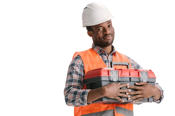 Trabajador de la construcción con caja de herramientas - foto de stock