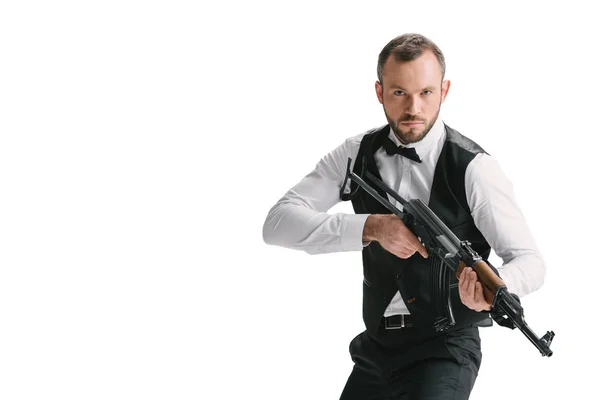 Secret agent in suit with rifle — Stock Photo