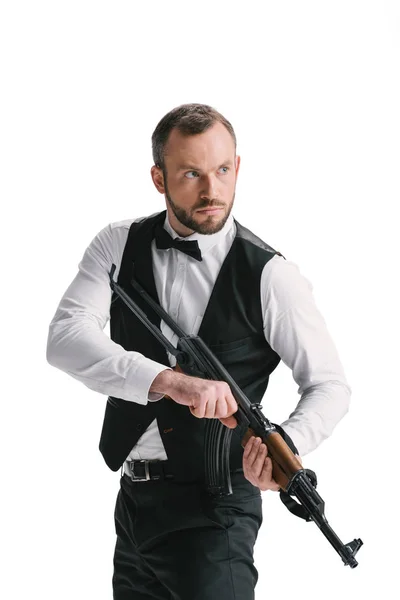 Secret agent in suit with rifle — Stock Photo