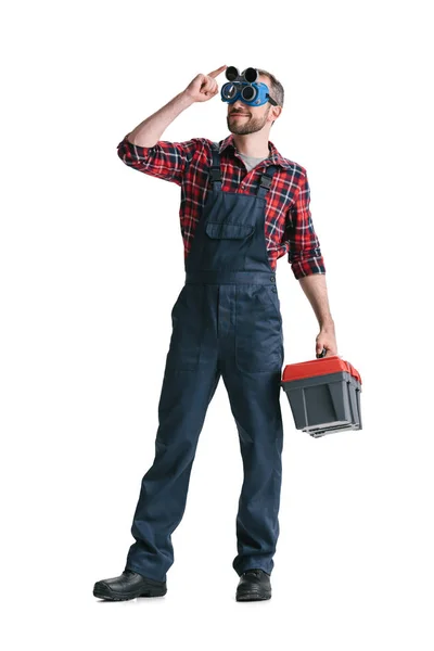 Trabajador de la construcción con caja de herramientas - foto de stock