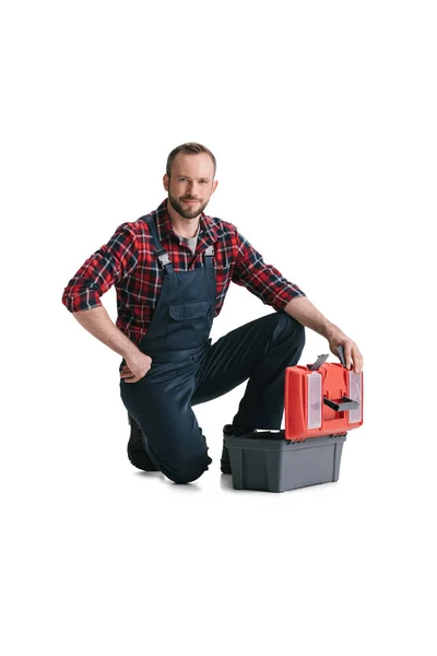 Travailleur de la construction avec boîte à outils — Photo de stock