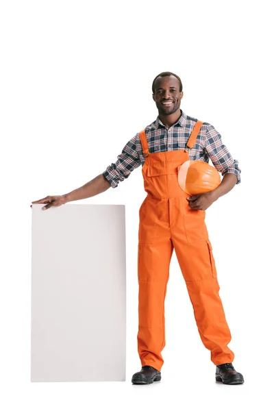 Builder with blank white banner — Stock Photo