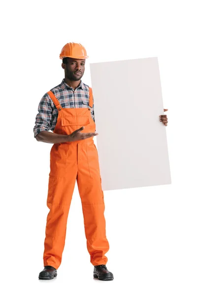 Builder with blank white banner — Stock Photo