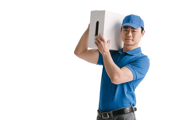 Young asian courier with blank box — Stock Photo