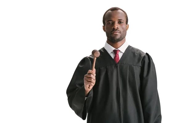 Serious african american judge with gavel — Stock Photo