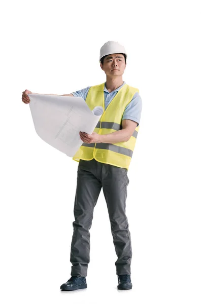 Young asian architect with building plan — Stock Photo