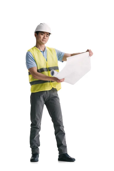 Young asian architect with building plan — Stock Photo