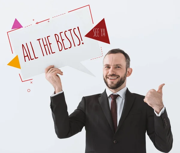 Businessman showing card and sign all the bests — Stock Photo