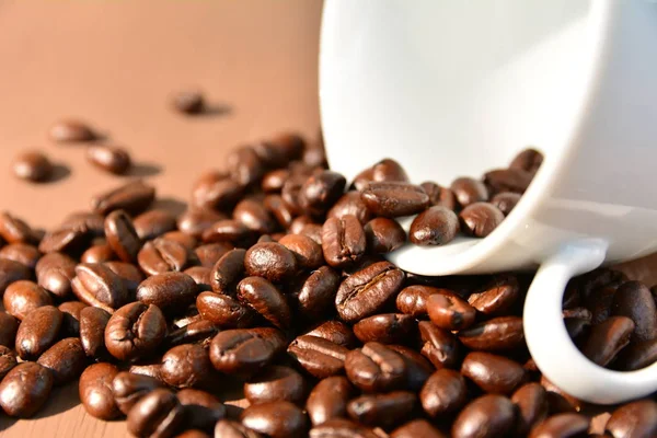 Kaffebönor i vit kopp på träbord — Stockfoto