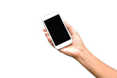 Kadın el beyaz arka plan üzerinde izole akıllı telefon tutarak