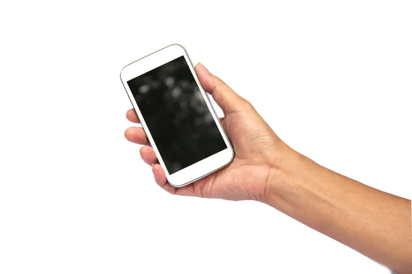 Donna mano tenendo smartphone isolato su sfondo bianco — Foto Stock