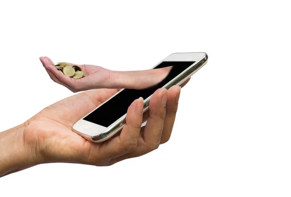 Kadın el beyaz arka plan üzerinde izole akıllı telefon tutarak — Stok fotoğraf