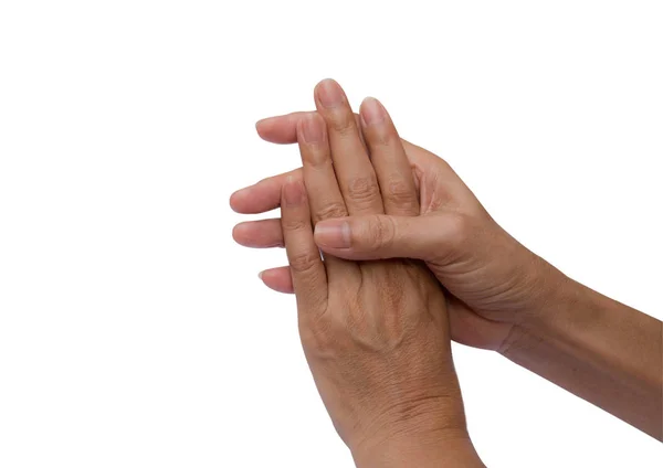 Mulher mão toque mão isolado no fundo branco — Fotografia de Stock