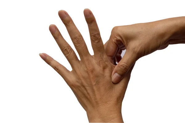 Vrouw hand touch hand geïsoleerd op witte achtergrond — Stockfoto